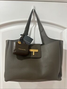 Tahari Olive Tote with Gold T-Bar Accent